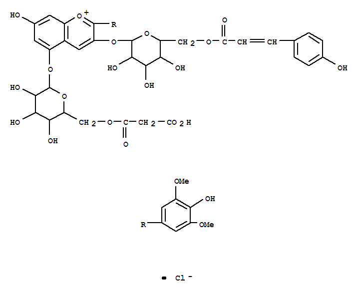 Molecular Structure of 128508-48-5 (1-Benzopyrylium,5-[[6-O-(carboxyacetyl)-b-D-glucopyranosyl]oxy]-7-hydroxy-2-(4-hydroxy-3,5-dimethoxyphenyl)-3-[[6-O-[(2E)-3-(4-hydroxyphenyl)-1-oxo-2-propenyl]-b-D-glucopyranosyl]oxy]-, chloride(9CI))