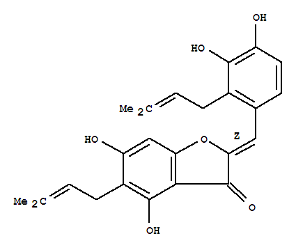 Molecular Structure of 128883-66-9 (3(2H)-Benzofuranone,2-[[3,4-dihydroxy-2-(3-methyl-2-buten-1-yl)phenyl]methylene]-4,6-dihydroxy-5-(3-methyl-2-buten-1-yl)-,(2Z)-)