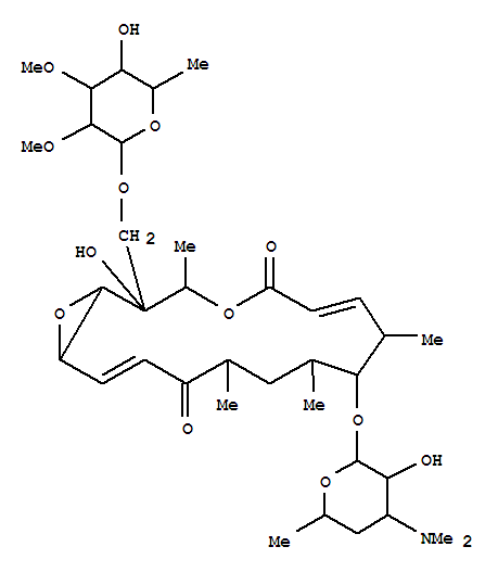 Molecular Structure of 129046-66-8 (4,17-Dioxabicyclo[14.1.0]heptadeca-6,14-diene-5,13-dione,2-[[(6-deoxy-2,3-di-O-methyl-b-D-allopyranosyl)oxy]methyl]-2-hydroxy-3,8,10,12-tetramethyl-9-[[3,4,6-trideoxy-3-(dimethylamino)-b-D-xylo-hexopyranosyl]oxy]-,(1R,2S,3R,6E,8S,9S,10S,12R,14E,16S)- (9CI))