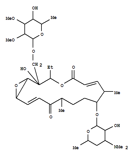 Molecular Structure of 129046-73-7 (4,17-Dioxabicyclo[14.1.0]heptadeca-6,14-diene-5,13-dione,2-[[(6-deoxy-2,3-di-O-methyl-b-D-allopyranosyl)oxy]methyl]-3-ethyl-2-hydroxy-8,12-dimethyl-9-[[3,4,6-trideoxy-3-(dimethylamino)-b-D-xylo-hexopyranosyl]oxy]-,(1R,2S,3R,6E,8S,10R,12R,14E,16S)- (9CI))