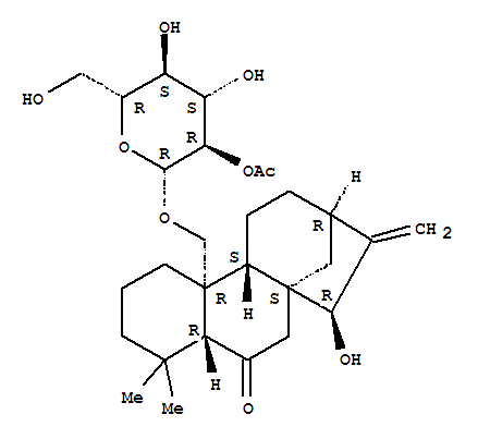 Molecular Structure of 129317-87-9 (Kaur-16-en-6-one,20-[(2-O-acetyl-b-D-glucopyranosyl)oxy]-15-hydroxy-,(15b)- (9CI))