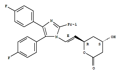Molecular Structure of 129361-00-8 (2H-Pyran-2-one,6-[(1E)-2-[4,5-bis(4-fluorophenyl)-2-(1-methylethyl)-1H-imidazol-1-yl]ethenyl]tetrahydro-4-hydroxy-,(4R,6S)-rel-)