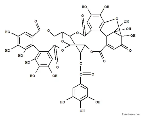 Molecular Structure of 130036-74-7 (b-D-Glucopyranose, cyclic 2&reg;5:4&reg;7-[(2S,6S)-3,6-dihydro-2,9,10,11,11-pentahydroxy-3-oxo-2,6-methano-2H-1-benzoxocin-5,7-dicarboxylate]cyclic 1,6-[(1S)-4,4',5,5',6,6'-hexahydroxy[1,1'-biphenyl]-2,2'-dicarboxylate]3-(3,4,5-trihydroxybenzoate))