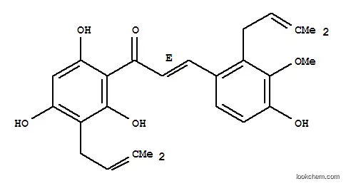 Molecular Structure of 130756-17-1 (2-Propen-1-one,3-[4-hydroxy-3-methoxy-2-(3-methyl-2-buten-1-yl)phenyl]-1-[2,4,6-trihydroxy-3-(3-methyl-2-buten-1-yl)phenyl]-,(2E)-)