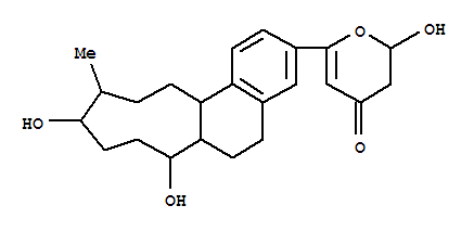 Molecular Structure of 131189-60-1 (4H-Pyran-4-one,6-(6,6a,7,8,9,10,11,12,13,13a-decahydro-7,10-dihydroxy-11-methyl-5H-cyclonona[a]naphthalen-3-yl)-2,3-dihydro-2-hydroxy-(9CI))