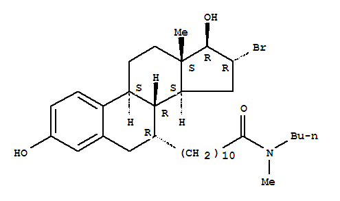 Molecular Structure of 131811-52-4 (Estra-1,3,5(10)-triene-7-undecanamide,16-bromo-N-butyl-3,17-dihydroxy-N-methyl-, (7a,16a,17b)- (9CI))