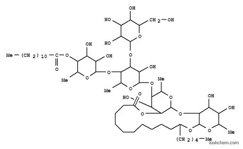 Molecular Structure of 139638-46-3 (Hexadecanoic acid,11-[[O-6-deoxy-4-O-(1-oxododecyl)-a-L-mannopyranosyl-(1®4)-O-[b-D-glucopyranosyl-(1®3)]-O-6-deoxy-a-L-mannopyranosyl-(1®4)-O-6-deoxy-a-L-mannopyranosyl-(1®2)-6-deoxy-b-D-galactopyranosyl]oxy]-,intramol. 1,2''-ester, (11S)- (9CI))