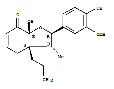 Molecular Structure of 140147-72-4 (7(4H)-Benzofuranone,2,3,3a,7a-tetrahydro-7a-hydroxy-2-(4-hydroxy-3-methoxyphenyl)-3-methyl-3a-(2-propenyl)-,(2R,3R,3aS,7aR)-rel-(-)- (9CI))