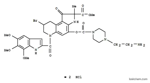 Molecular Structure of 140447-62-7 (methyl 4-({[4-(2-aminoethyl)piperazin-1-yl]carbonyl}oxy)-8-bromo-6-{[5-(hydroxymethyl)-6,7-dimethoxy-1H-indol-2-yl]carbonyl}-2-methyl-1-oxo-2,3,6,7,8,9-hexahydro-1H-pyrrolo[3,2-f]quinoline-2-carboxylate dihydrochloride)