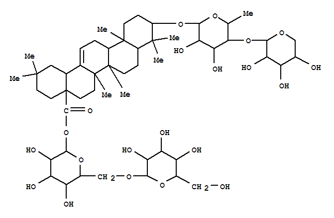 Molecular Structure of 140670-92-4 (Olean-12-en-28-oicacid, 3-[(6-deoxy-4-O-b-D-xylopyranosyl-a-L-mannopyranosyl)oxy]-, 6-O-b-D-glucopyranosyl-b-D-glucopyranosyl ester, (3b)- (9CI))