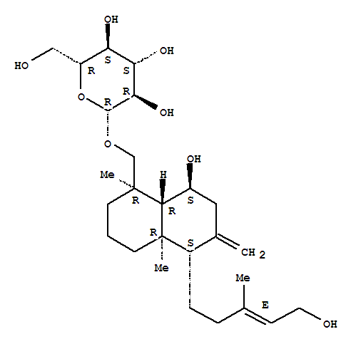 Molecular Structure of 141586-22-3 (b-D-Glucopyranoside,[(1R,4aR,5S,8S,8aR)-decahydro-8-hydroxy-5-[(3E)-5-hydroxy-3-methyl-3-penten-1-yl]-1,4a-dimethyl-6-methylene-1-naphthalenyl]methyl)