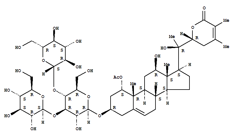 Molecular Structure of 141888-76-8 (Ergosta-5,24-dien-26-oicacid, 1-(acetyloxy)-3-[(O-b-D-glucopyranosyl-(1®3)-O-[b-D-glucopyranosyl-(1®4)]-b-D-glucopyranosyl)oxy]-12,20,22-trihydroxy-, d-lactone, (1a,3b,12b,22R)- (9CI))