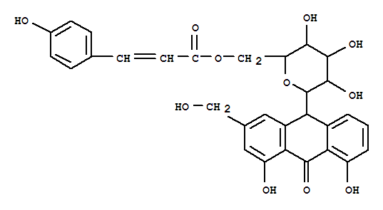 Molecular Structure of 141890-71-3 (9(10H)-Anthracenone,1,8-dihydroxy-3-(hydroxymethyl)-10-[6-O-[3-(4-hydroxyphenyl)-1-oxo-2-propenyl]-b-D-glucopyranosyl]-, (10S)- (9CI))
