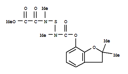 Molecular Structure of 142229-63-8 (7-Oxa-3-thia-2,4-diazaoctanoicacid, 2,4-dimethyl-5,6-dioxo-, 2,3-dihydro-2,2-dimethyl-7-benzofuranyl ester)