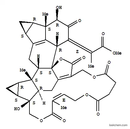 Molecular Structure of 142279-40-1 (Propanoic acid,2-[(3R,3aS,3bR,4aS,5aS,6S,6aR,7aS,8S,12E,24aS,24bR,27R)-3,3a,3b,4,4a,5,5a,6,6a,7,7a,8,9,11,14,16,17,18,19,24b-eicosahydro-3,8-dihydroxy-3a,6,12-trimethyl-2,11,16,19,23-pentaoxo-23H-6,8,24a,22-[1]propanyliden[3]ylidyne-21H,24aH-cyclopropa[r]cycloprop[1,2]acenaphtho[4,5-u][1,5,10,15]tetraoxacyclodocosin-1(2H)-ylidene]-,methyl ester, (2Z)-)