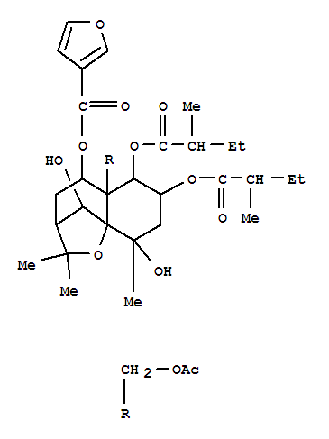 Molecular Structure of 142546-01-8 (3-Furancarboxylic acid,5a-[(acetyloxy)methyl]octahydro-9,10-dihydroxy-2,2,9-trimethyl-6,7-bis(2-methyl-1-oxobutoxy)-2H-3,9a-methano-1-benzoxepin-5-ylester (9CI))