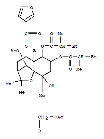 Molecular Structure of 142546-02-9 (3-Furancarboxylic acid,10-(acetyloxy)-5a-[(acetyloxy)methyl]octahydro-9-hydroxy-2,2,9-trimethyl-6,7-bis(2-methyl-1-oxobutoxy)-2H-3,9a-methano-1-benzoxepin-5-ylester (9CI))