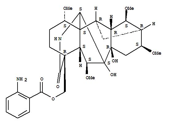 Molecular Structure of 142768-35-2 (Aconitan-19-one,4-[[(2-aminobenzoyl)oxy]methyl]-7,8-dihydroxy-1,6,14,16-tetramethoxy-, (1a,6b,14a,16b)- (9CI))