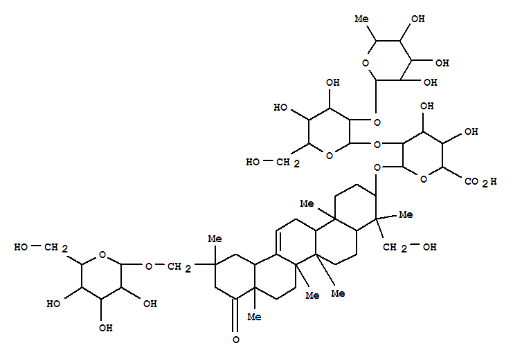 Molecular Structure of 142768-50-1 (b-D-Glucopyranosiduronic acid, (3b,4b,20b)-29-(b-D-glucopyranosyloxy)-23-hydroxy-22-oxoolean-12-en-3-ylO-6-deoxy-a-L-mannopyranosyl-(1®2)-O-b-D-galactopyranosyl-(1®2)- (9CI))