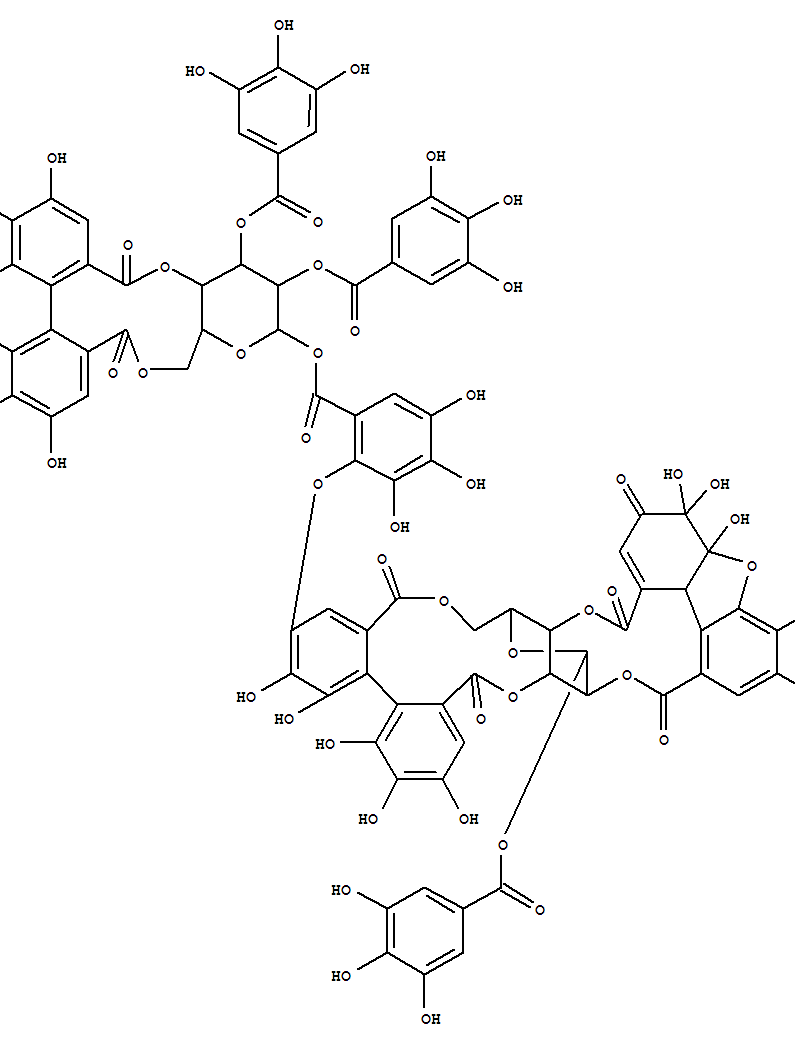 Molecular Structure of 143243-63-4 (b-D-Glucopyranose, cyclic 3®2':6®2-[4-[6-[[[4,6-O-[(4,4',5,5',6,6'-hexahydroxy[1,1'-biphenyl]-2,2'-diyl)dicarbonyl]-2,3-bis-O-(3,4,5-trihydroxybenzoyl)-b-D-glucopyranosyl]oxy]carboxy]-2,3,4-trihydroxyphenoxy]-4',5,5',6,6'-pentahydroxy[1,1'-biphenyl]-2,2'-dicarboxylate]cyclic 2®9:4®1-(3,4,4a,9b-tetrahydro-4,4,4a,6,7-pentahydroxy-3-oxo-1,9-dibenzofurandicarboxylate)1-(3,4,5-trihydroxybenzoate), stereoisomer (9CI))