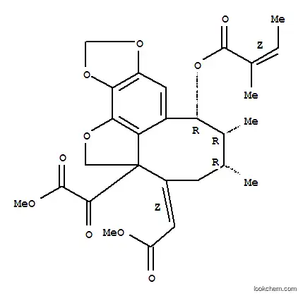 Molecular Structure of 144049-67-2 (2H-Cycloocta[cd][1,3]dioxolo[4,5-g]benzofuran-2a(3H)-aceticacid,4,5,6,7-tetrahydro-3-(2-methoxy-2-oxoethylidene)-5,6-dimethyl-7-[[(2Z)-2-methyl-1-oxo-2-buten-1-yl]oxy]-a-oxo-, methyl ester,(3Z,5R,6R,7R)-)