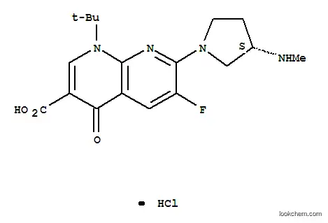 Molecular Structure of 144124-94-7 (1-tert-butyl-6-fluoro-7-[(3S)-3-(methylamino)pyrrolidin-1-yl]-4-oxo-1,4-dihydro-1,8-naphthyridine-3-carboxylic acid hydrochloride)