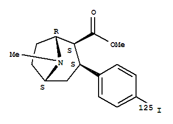 Molecular Structure of 144275-73-0 (8-Azabicyclo[3.2.1]octane-2-carboxylicacid, 3-[4-(iodo-125I)phenyl]-8-methyl-, methyl ester, (exo,exo)- (9CI))