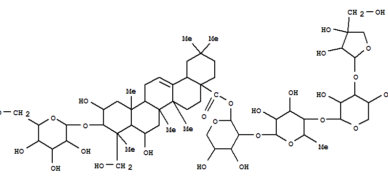 Molecular Structure of 144425-22-9 (Olean-12-en-28-oicacid, 3-(b-D-glucopyranosyloxy)-2,6,23-trihydroxy-,O-D-apio-b-D-furanosyl-(1®3)-O-b-D-xylopyranosyl-(1®4)-O-6-deoxy-a-L-mannopyranosyl-(1®2)-a-L-arabinopyranosyl ester, (2b,3b,4a,6b)- (9CI))