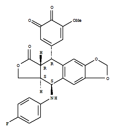 Molecular Structure of 144604-20-6 (3,5-Cyclohexadiene-1,2-dione,5-[9-[(4-fluorophenyl)amino]-5,5a,6,8,8a,9-hexahydro-6-oxofuro[3',4':6,7]naphtho[2,3-d]-1,3-dioxol-5-yl]-3-methoxy-,[5R-(5a,5ab,8aa,9b)]- (9CI))