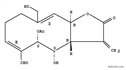 Molecular Structure of 145052-07-9 (Cyclodeca[b]furan-6-carboxaldehyde,5-(acetyloxy)-2,3,3a,4,5,8,9,11a-octahydro-4-hydroxy-10-(hydroxymethyl)-3-methylene-2-oxo-,(3aR,4S,5S,6E,10Z,11aR)-)