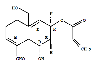 Molecular Structure of 145108-35-6 (Cyclodeca[b]furan-6-carboxaldehyde,2,3,3a,4,5,8,9,11a-octahydro-4-hydroxy-10-(hydroxymethyl)-3-methylene-2-oxo-,(3aR,4R,6E,10Z,11aR)-)