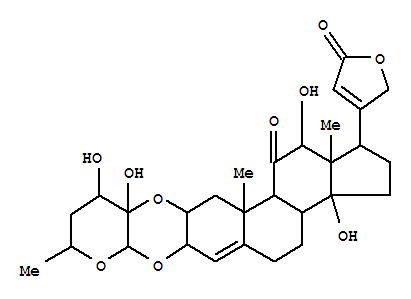 Molecular Structure of 145854-14-4 (Carda-4,20(22)-dienolide,12,14-dihydroxy-11-oxo-2,3-[[(2S,3S,4R,6R)-tetrahydro-3,4-dihydroxy-6-methyl-2H-pyran-3,2-diyl]bis(oxy)]-,(2a,3b,12b)- (9CI))