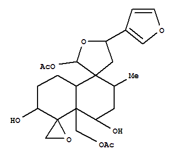 Molecular Structure of 145854-17-7 (Dispiro[furan-3(2H),1'(5'H)-naphthalene-5',2''-oxirane]-2,4',6'-triol,4'a-[(acetyloxy)methyl]-5-(3-furanyl)decahydro-2'-methyl-, 2-acetate,(1'R,2R,2'R,2''R,4'S,4'aR,5S,6'S,8'aS)- (9CI))