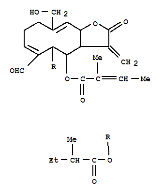 Molecular Structure of 146959-84-4 (2-Butenoic acid,2-methyl-,6-formyl-2,3,3a,4,5,8,9,11a-octahydro-10-(hydroxymethyl)-3-methylene-5-(2-methyl-1-oxobutoxy)-2-oxocyclodeca[b]furan-4-ylester (9CI))