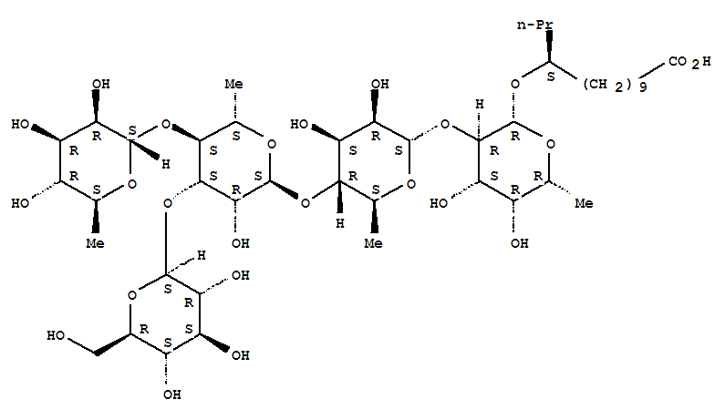 Molecular Structure of 147133-27-5 (Tetradecanoic acid,11-[(O-6-deoxy-a-L-mannopyranosyl-(1®4)-O-[b-D-glucopyranosyl-(1®3)]-O-6-deoxy-a-L-mannopyranosyl-(1®4)-O-6-deoxy-a-L-mannopyranosyl-(1®2)-6-deoxy-b-D-galactopyranosyl)oxy]-, (11S)-)