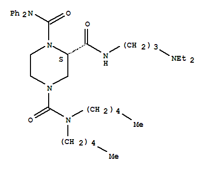 Molecular Structure of 147145-55-9 (1,2,4-Piperazinetricarboxamide,N2-[3-(diethylamino)propyl]-N4,N4-dipentyl-N1,N1-diphenyl-, (2S)-)