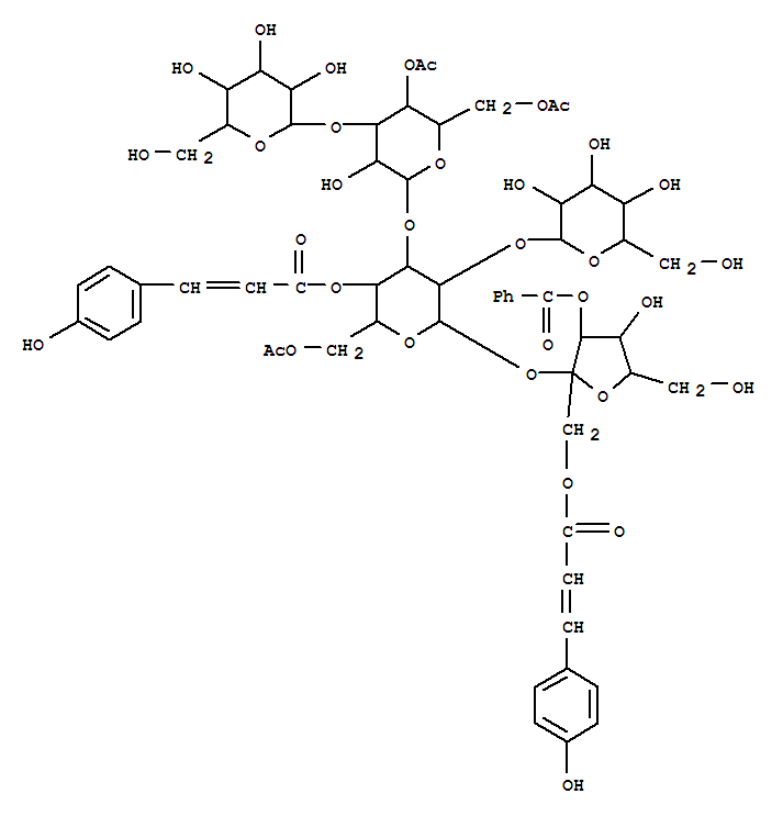Molecular Structure of 147742-13-0 (a-D-Glucopyranoside,3-O-benzoyl-1-O-[(2E)-3-(4-hydroxyphenyl)-1-oxo-2-propenyl]-b-D-fructofuranosyl O-b-D-glucopyranosyl-(1®2)-O-[O-b-D-glucopyranosyl-(1®3)-4,6-di-O-acetyl-b-D-glucopyranosyl-(1®3)]-, 6-acetate4-[(2E)-3-(4-hydroxyphenyl)-2-propenoate] (9CI))