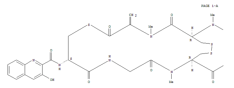 Molecular Structure of 147816-33-9 (Alanine,N-[(3-hydroxy-2-quinolinyl)carbonyl]-D-cysteinylglycyl-N-methyl-L-cysteinyl-2,3-didehydro-N-methyl-,bimol. (4®1'),(4'®1)-bis(thiolactone), cyclic (3®3')-disulfide (9CI))