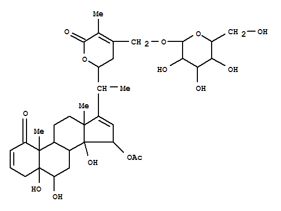 Molecular Structure of 148054-13-1 (Ergosta-2,16,24-trien-26-oicacid, 15-(acetyloxy)-28-(b-D-glucopyranosyloxy)-5,6,14,22-tetrahydroxy-1-oxo-, d-lactone, (5a,6b,15a,22R)- (9CI))