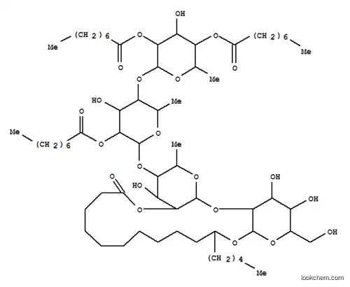 Molecular Structure of 148099-33-6 (Hexadecanoic acid,11-[[O-6-deoxy-2,4-bis-O-(1-oxooctyl)-a-L-mannopyranosyl-(1&reg;4)-O-6-deoxy-2-O-(1-oxooctyl)-a-L-mannopyranosyl-(1&reg;4)-O-6-deoxy-a-L-mannopyranosyl-(1&reg;2)-b-D-glucopyranosyl]oxy]-, intramol. 1,2''-ester, (11S)-(9CI))