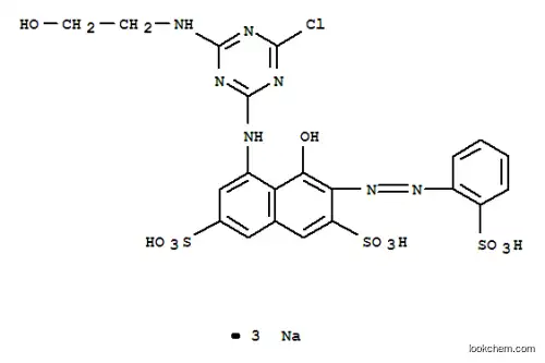 Molecular Structure of 148974-45-2 (2,7-Naphthalenedisulfonicacid,5-[[4-chloro-6-[(2-hydroxyethyl)amino]-1,3,5-triazin-2-yl]amino]-4-hydroxy-3-[2-(2-sulfophenyl)diazenyl]-,sodium salt (1:3))