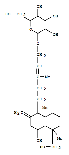 Molecular Structure of 149182-77-4 (b-D-Glucopyranoside,(2E)-5-[(1S,4S,4aR,5S,8aR)-decahydro-4-hydroxy-5-(hydroxymethyl)-5,8a-dimethyl-2-methylene-1-naphthalenyl]-3-methyl-2-pentenyl(9CI))