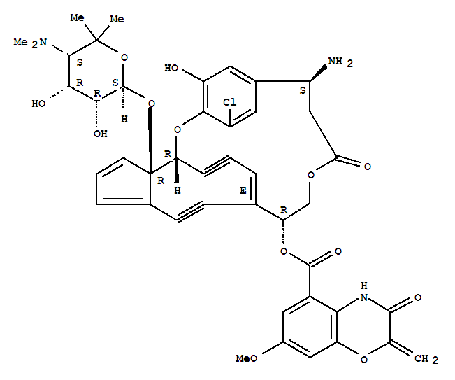 Molecular Structure of 149438-20-0 (2H-1,4-Benzoxazine-5-carboxylicacid, 3,4-dihydro-7-methoxy-2-methylene-3-oxo-,(1R,7S,12R,13E,18aR)-7-amino-4-chloro-14,15-didehydro-18a-[[4,6-dideoxy-4-(dimethylamino)-5-C-methyl-b-D-ribo-hexopyranosyl]oxy]-1,8,9,11,12,18a-hexahydro-23-hydroxy-9-oxo-3,6-etheno-1,13-[1]propyn[1]yl[3]ylidene-7H,13H-cyclopenta[k][1,9]dioxacycloheptadecin-12-ylester)