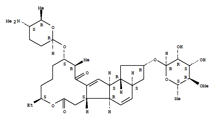 Molecular Structure of 149438-30-2 (1H-as-Indaceno[3,2-d]oxacyclododecin-7,15-dione,2-[(6-deoxy-4-O-methyl-a-L-mannopyranosyl)oxy]-13-[[(2R,5S,6R)-5-(dimethylamino)tetrahydro-6-methyl-2H-pyran-2-yl]oxy]-9-ethyl-2,3,3a,5a,5b,6,9,10,11,12,13,14,16a,16b-tetradecahydro-14-methyl-,(2R,3aS,5aR,5bS,9S,13S,14R,16aS,16bR)-)