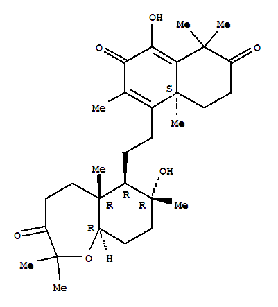 Molecular Structure of 150050-12-7 (2,7(1H,3H)-Naphthalenedione,5-[2-[(5aR,6R,7R,9aR)-decahydro-7-hydroxy-2,2,5a,7-tetramethyl-3-oxo-1-benzoxepin-6-yl]ethyl]-4,4a-dihydro-8-hydroxy-1,1,4a,6-tetramethyl-,(4aS)-)