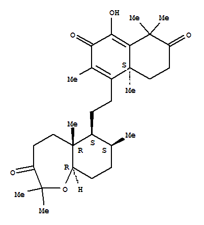 Molecular Structure of 150050-13-8 (2,7(1H,3H)-Naphthalenedione,5-[2-[(5aR,6S,7S,9aR)-decahydro-2,2,5a,7-tetramethyl-3-oxo-1-benzoxepin-6-yl]ethyl]-4,4a-dihydro-8-hydroxy-1,1,4a,6-tetramethyl-,(4aS)-)