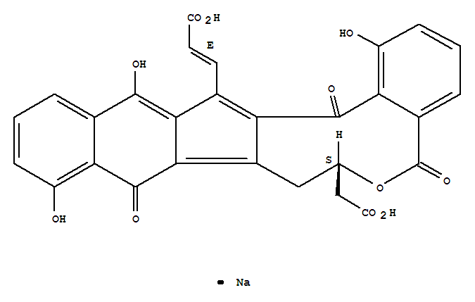 Molecular Structure of 150050-19-4 (5H-Benz[5,6]indeno[1,2-e][2]benzoxonin-7-aceticacid,15-[(1E)-2-carboxyethenyl]-7,8,9,16-tetrahydro-1,10,14-trihydroxy-5,9,16-trioxo-,sodium salt (1:1), (7S)-)