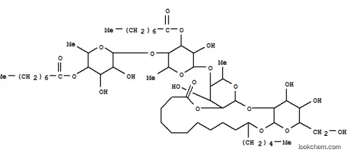 Molecular Structure of 151310-47-3 (Hexadecanoic acid,11-[[O-6-deoxy-4-O-(1-oxooctyl)-a-L-mannopyranosyl-(1®4)-O-6-deoxy-3-O-(1-oxooctyl)-a-L-mannopyranosyl-(1®4)-O-6-deoxy-a-L-mannopyranosyl-(1®2)-b-D-glucopyranosyl]oxy]-,intramol. 1,2''-ester, (11S)- (9CI))