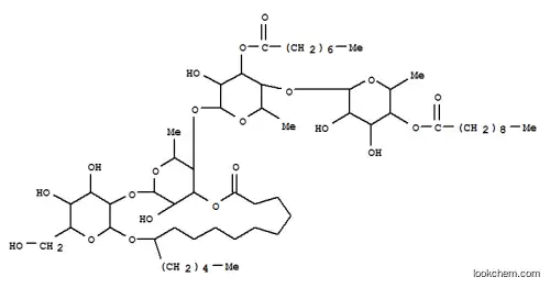 Molecular Structure of 151310-49-5 (Hexadecanoic acid,11-[[O-6-deoxy-4-O-(1-oxodecyl)-a-L-mannopyranosyl-(1®4)-O-6-deoxy-3-O-(1-oxooctyl)-a-L-mannopyranosyl-(1®4)-O-6-deoxy-a-L-mannopyranosyl-(1®2)-b-D-glucopyranosyl]oxy]-,intramol. 1,3''-ester, (11S)- (9CI))