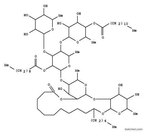 Molecular Structure of 151310-53-1 (Hexadecanoic acid,11-[[O-6-deoxy-a-L-mannopyranosyl-(1&reg;3)-O-[6-deoxy-4-O-(1-oxododecyl)-a-L-mannopyranosyl-(1&reg;4)]-O-6-deoxy-2-O-(1-oxodecyl)-a-L-mannopyranosyl-(1&reg;4)-O-6-deoxy-a-L-mannopyranosyl-(1&reg;2)-6-deoxy-b-D-galactopyranosyl]oxy]-,intramol. 1,2''-ester, (11S)-)